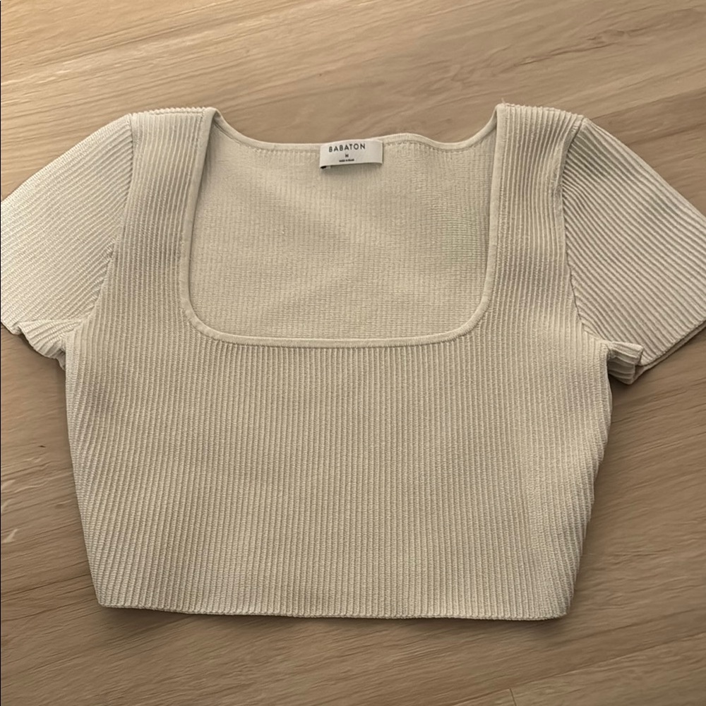 Babaton Cream Ribbed Crop Top Short Sleeve